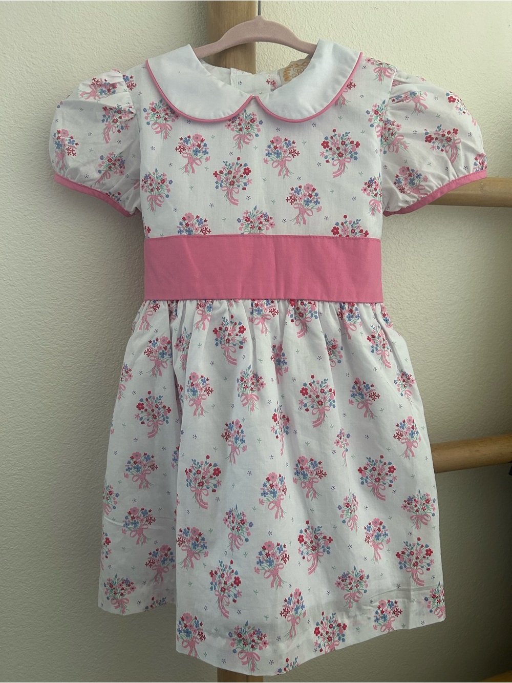 The Beaufort Bonnet Company White Floral Dress with Pink Sash